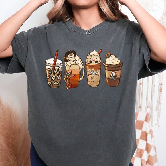 Halloween Shirt Vintage Style Unisex Horror Coffee Drinks Tee Handmade - Picture 1 of 3